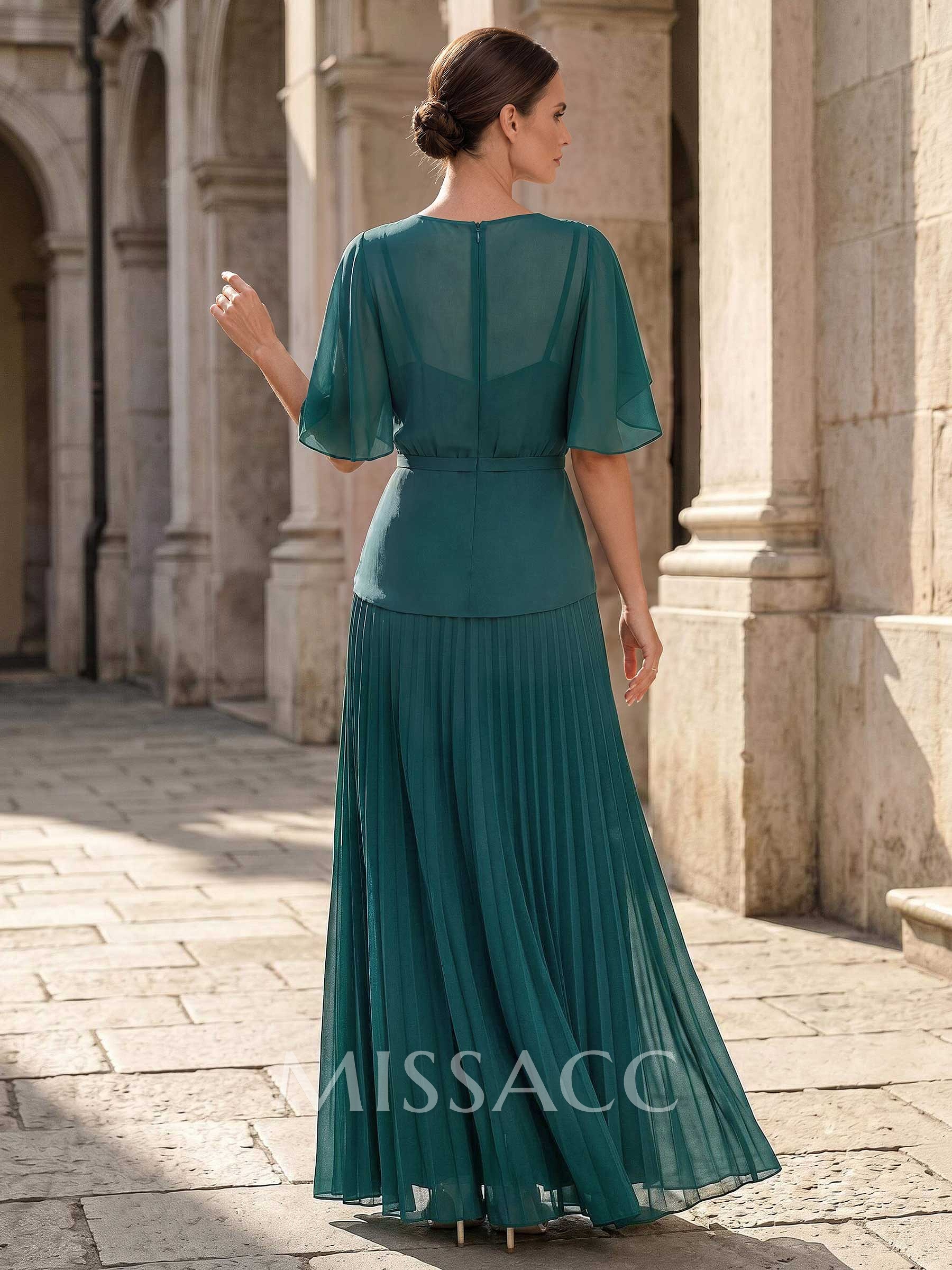 A-Line Scoop Neck Short Sleeves Floor-Length Chiffon Mother Of The Bride Dresses With Ruffle/Pleated