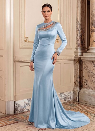 Trumpet/Mermaid Long Sleeves Sweep Train Acetate Satin Mother Of The Bride Dresses