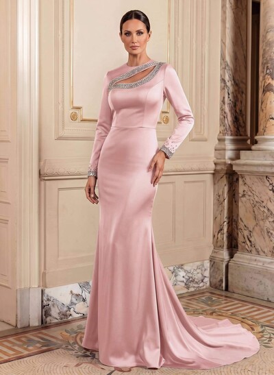 Trumpet/Mermaid Long Sleeves Sweep Train Acetate Satin Mother Of The Bride Dresses