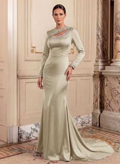 Trumpet/Mermaid Long Sleeves Sweep Train Acetate Satin Mother Of The Bride Dresses