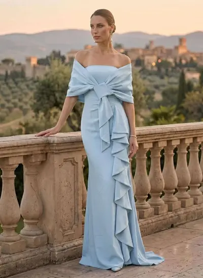 Trumpet/Mermaid Off-The-Shoulder Sleeveless Sweep Train Elastic Satin Mother Of The Bride Dresses With Cascading Ruffles