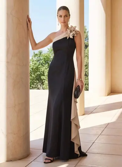 Sheath/Column One-Shoulder Floor-Length Matte Satin Mother Of The Bride Dresses With Ruffle/Flower(s)