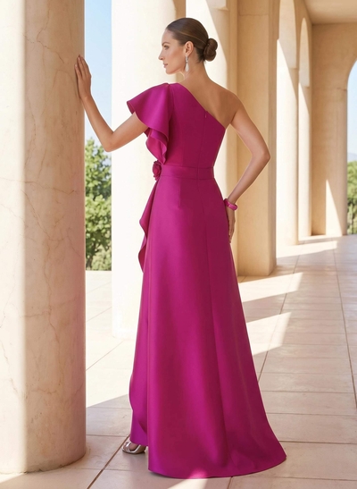 A-Line One-Shoulder Short Sleeves Floor-Length Satin Mother Of The Bride Dresses With Flower(s)