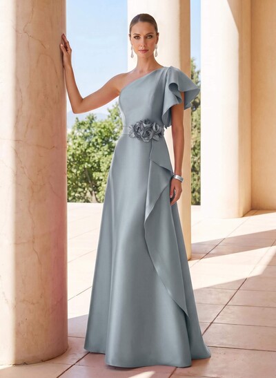 A-Line One-Shoulder Short Sleeves Sweep Train Satin Mother Of The Bride Dresses With Flower