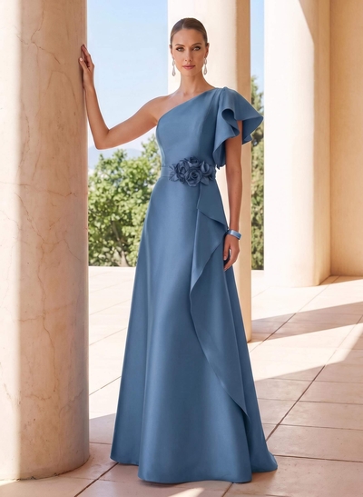 A-Line One-Shoulder Short Sleeve Sweep Train Satin Mother Of The Bride Dress With Flower Accent