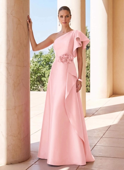 A-Line One-Shoulder Short Sleeves Sweep Train Satin Mother Of The Bride Dresses With Flower