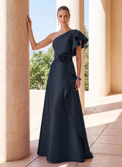 A-Line One-Shoulder Short Sleeves Sweep Train Satin Mother Of The Bride Dresses With Flower