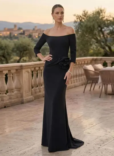 Sheath/Column Off-The-Shoulder 3/4 Sleeves Floor-Length Elastic Satin Mother Of The Bride Dresses With Flower(s)