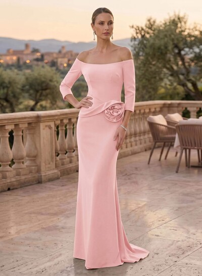 Sheath/Column Off-The-Shoulder 3/4 Sleeves Floor-Length Elastic Satin Mother Of The Bride Dresses With Flower(s)