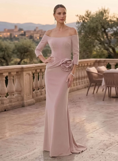 Sheath/Column Off-The-Shoulder 3/4 Sleeves Floor-Length Elastic Satin Mother Of The Bride Dresses With Flower(s)