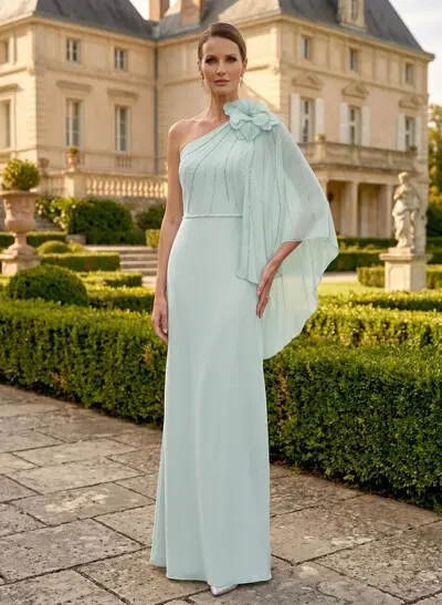 Sheath/Column One-Shoulder Cape Sleeves Floor-Length Chiffon Mother Of The Bride Dresses With Flower(s)