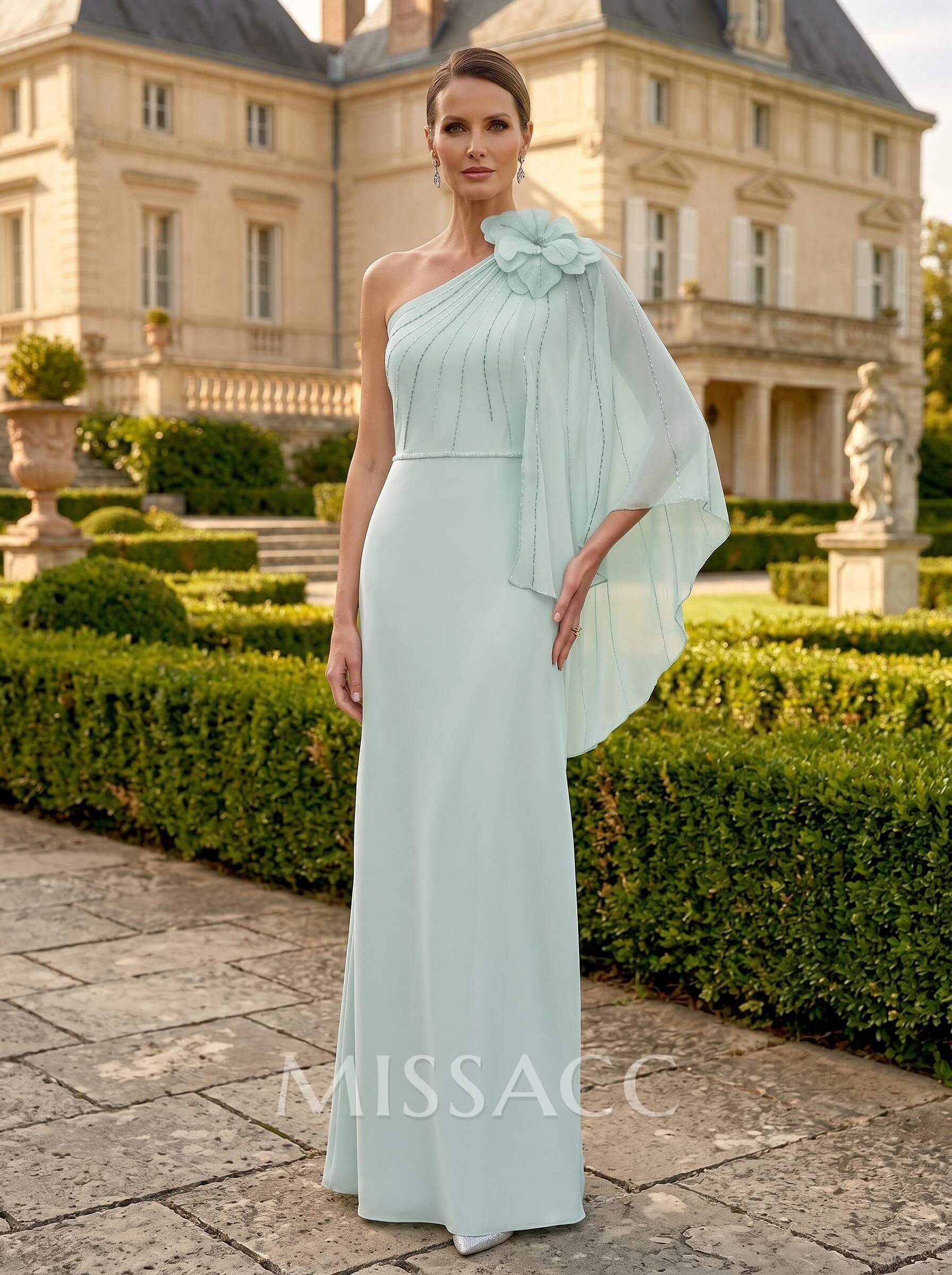 Sheath/Column One-Shoulder Cape Sleeves Floor-Length Chiffon Mother Of The Bride Dresses With Flower(s)