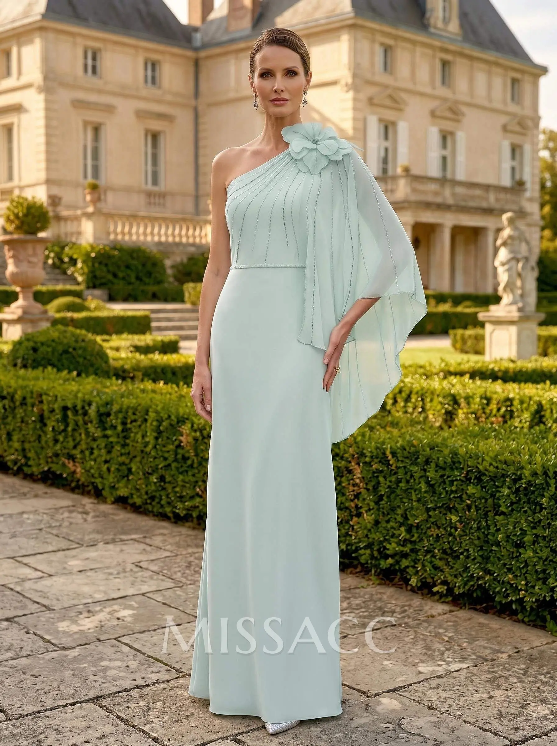 one shoulder cloak sleeve dress Luxury Feather One Shoulder Evening Dress with Cape Sleeves SS438