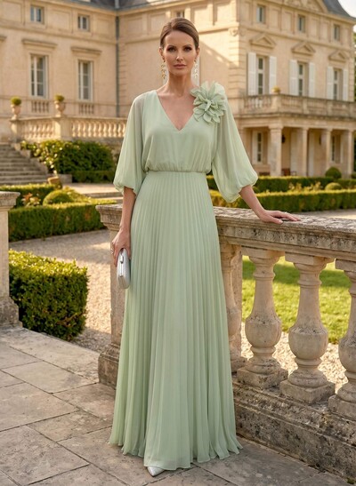 A-Line V-Neck 3/4 Sleeves Floor-Length Chiffon Mother Of The Bride Dresses With Flower(s)