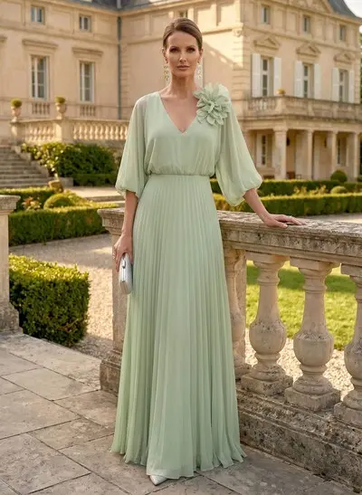 A-Line V-Neck 3/4 Sleeves Floor-Length Chiffon Mother Of The Bride Dresses With Flower(s)