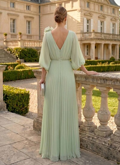 A-Line V-Neck 3/4 Sleeves Floor-Length Chiffon Mother Of The Bride Dresses With Flower(s)