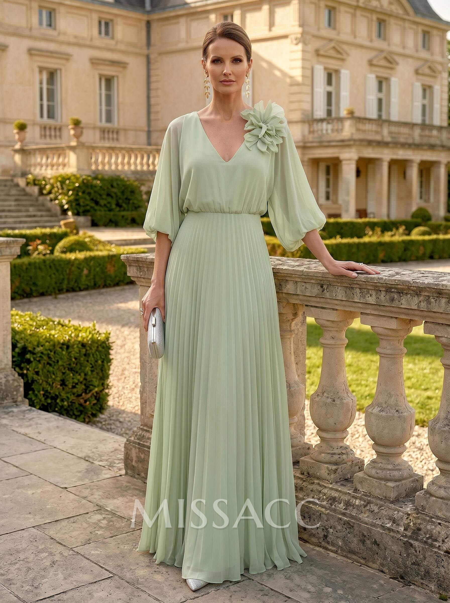 A-Line V-Neck 3/4 Sleeves Floor-Length Chiffon Mother Of The Bride Dresses With Flower(s)