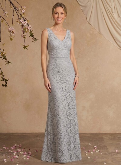 Sheath/Column V-Neck Sleeveless Floor-Length Lace Mother Of The Bride Dresses With Appliques Lace