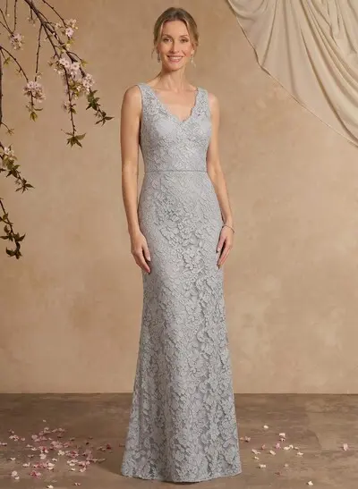 Sheath/Column V-Neck Sleeveless Floor-Length Lace Mother Of The Bride Dresses With Appliques Lace