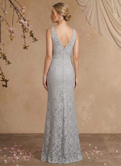 Sheath/Column V-Neck Sleeveless Floor-Length Lace Mother Of The Bride Dresses With Appliques Lace