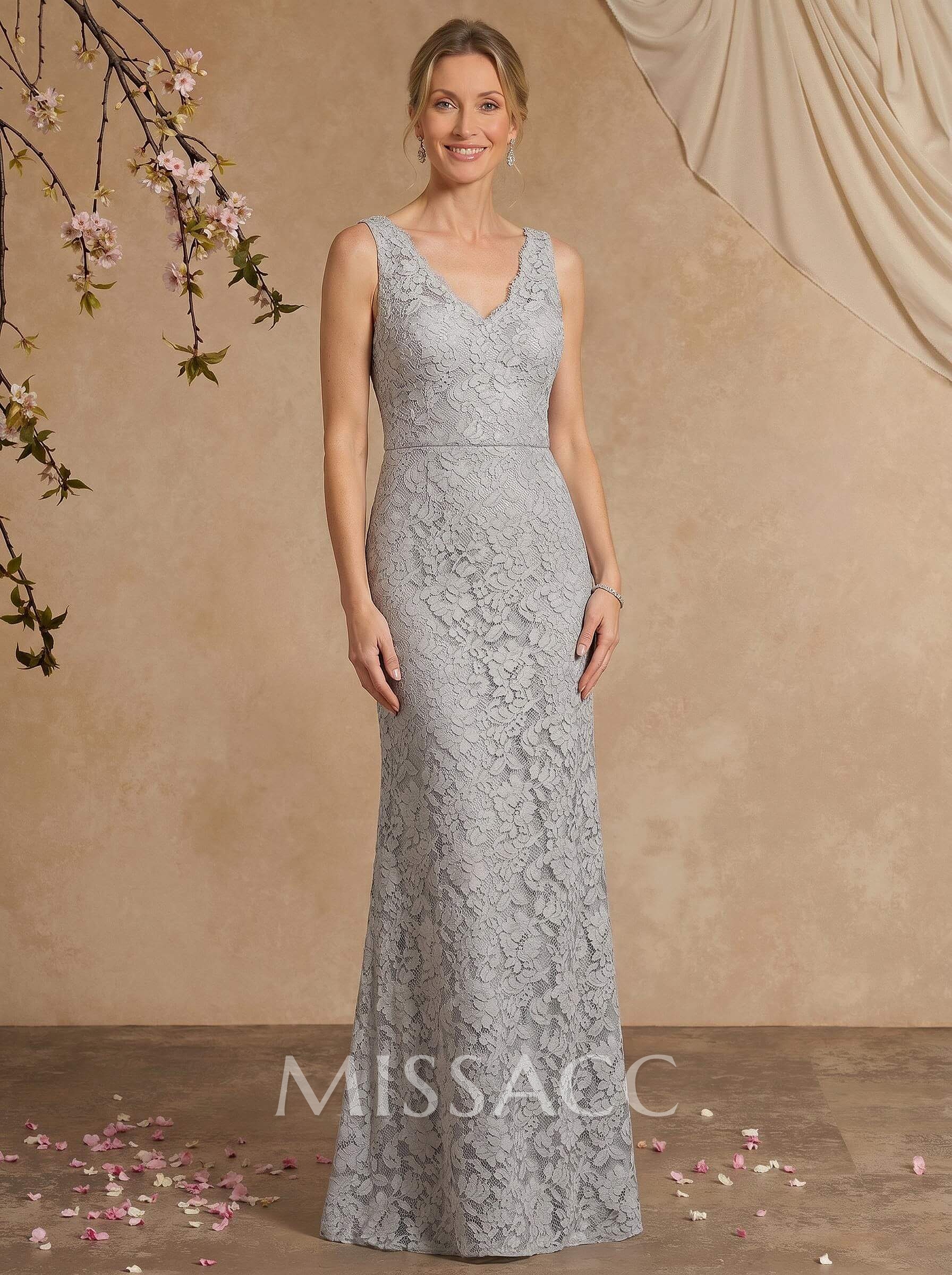 Sheath/Column V-Neck Sleeveless Floor-Length Lace Mother Of The Bride Dresses With Appliques Lace