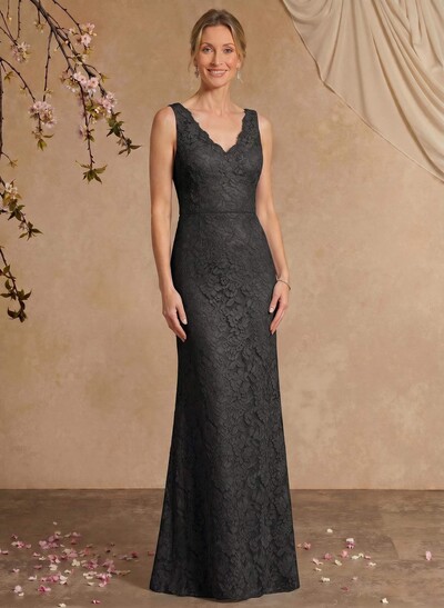 Sheath/Column V-Neck Sleeveless Floor-Length Lace Mother Of The Bride Dresses With Appliques Lace