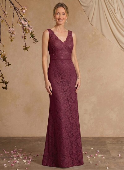 Sheath/Column V-Neck Sleeveless Floor-Length Lace Mother Of The Bride Dresses With Appliques Lace