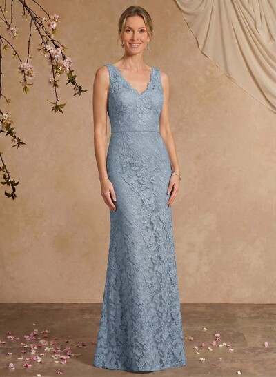 Sheath/Column V-Neck Sleeveless Floor-Length Lace Mother Of The Bride Dresses With Appliques Lace
