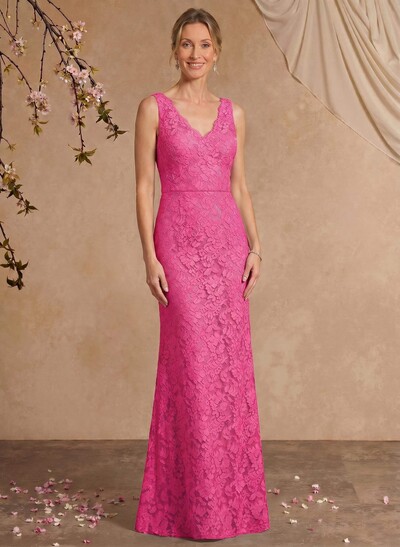 Sheath/Column V-Neck Sleeveless Floor-Length Lace Mother Of The Bride Dresses With Appliques Lace