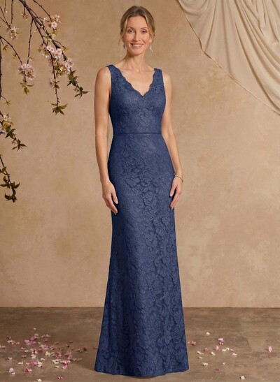 Sheath/Column V-Neck Sleeveless Floor-Length Lace Mother Of The Bride Dresses With Appliques Lace