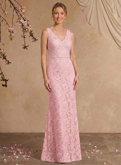 Sheath/Column V-Neck Sleeveless Floor-Length Lace Mother Of The Bride Dresses With Appliques Lace