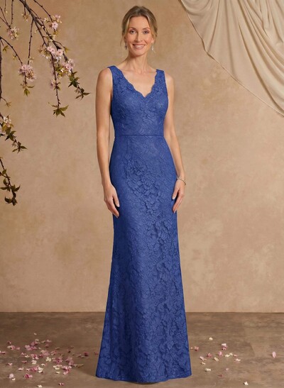 Sheath/Column V-Neck Sleeveless Floor-Length Lace Mother Of The Bride Dresses With Appliques Lace