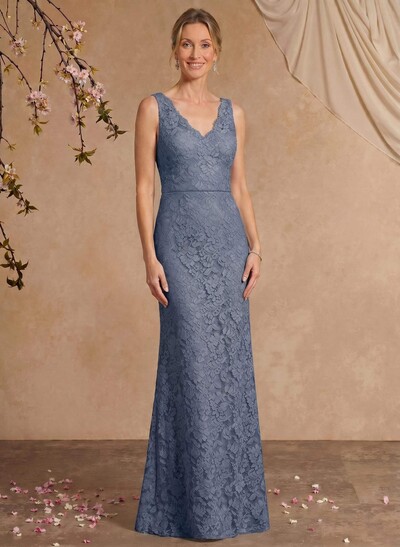 Sheath/Column V-Neck Sleeveless Floor-Length Lace Mother Of The Bride Dresses With Appliques Lace