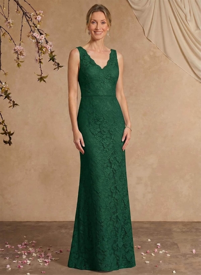 Sheath/Column V-Neck Sleeveless Floor-Length Lace Mother Of The Bride Dresses With Appliques Lace