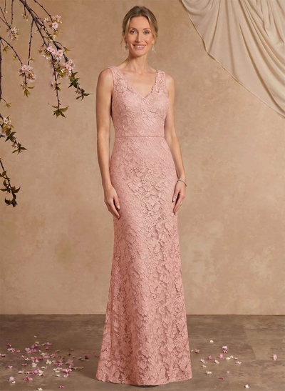 Sheath/Column V-Neck Sleeveless Floor-Length Lace Mother Of The Bride Dresses With Appliques Lace