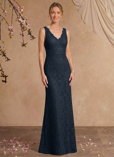Sheath/Column V-Neck Sleeveless Floor-Length Lace Mother Of The Bride Dresses With Appliques Lace