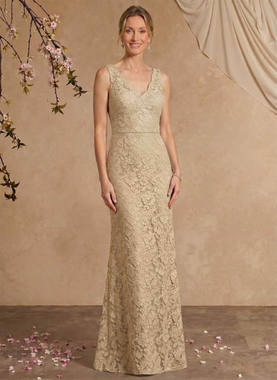 Sheath/Column V-Neck Sleeveless Floor-Length Lace Mother Of The Bride Dresses With Appliques Lace