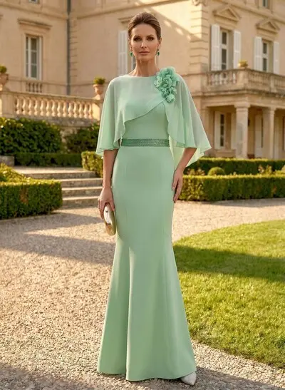Trumpet/Mermaid Scoop Neck Cape Sleeves Floor-Length Chiffon Mother Of The Bride Dresses With Rhinestone/Flower(s)