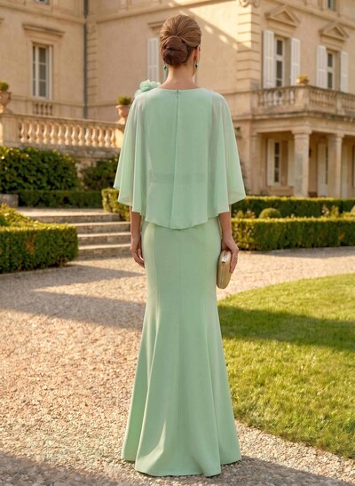 Trumpet/Mermaid Scoop Neck Cape Sleeves Floor-Length Chiffon Mother Of The Bride Dresses With Rhinestone/Flower(s)
