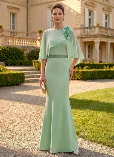 Trumpet/Mermaid Scoop Neck Cape Sleeves Floor-Length Chiffon Mother Of The Bride Dresses With Rhinestone/Flower(s)