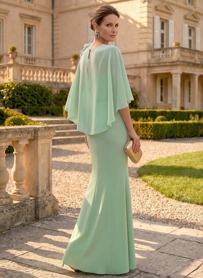 Trumpet/Mermaid Scoop Neck Cape Sleeves Floor-Length Chiffon Mother Of The Bride Dresses With Rhinestone/Flower(s)