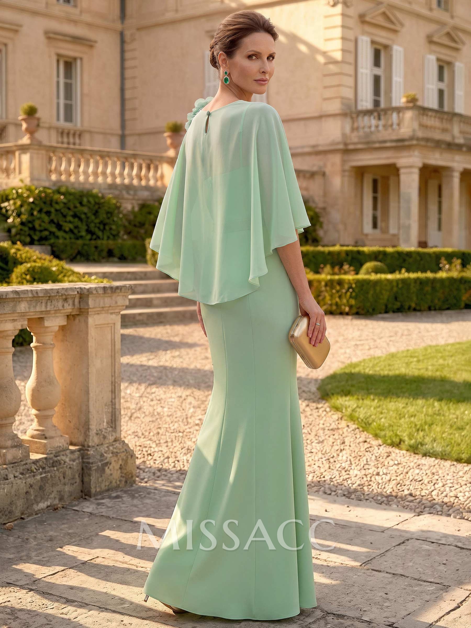 Trumpet/Mermaid Scoop Neck Cape Sleeves Floor-Length Chiffon Mother Of The Bride Dresses With Rhinestone/Flower(s)