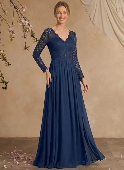 A-Line V-Neck Long Sleeves Floor-Length Chiffon/Lace Mother Of The Bride Dresses