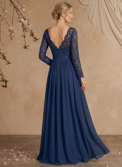 A-Line V-Neck Long Sleeves Floor-Length Chiffon/Lace Mother Of The Bride Dresses