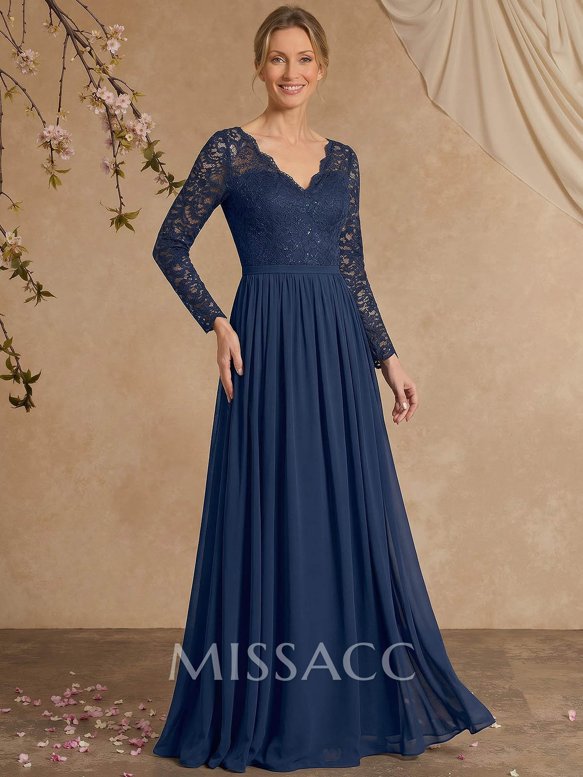 A-Line V-Neck Long Sleeves Floor-Length Chiffon/Lace Mother Of The Bride Dresses