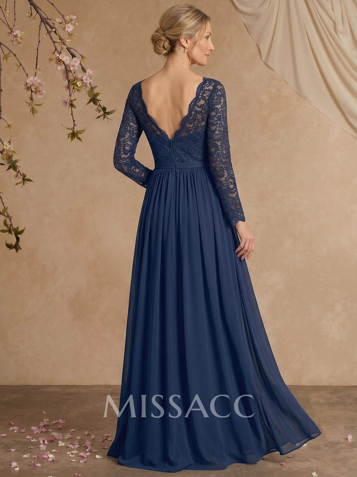 A-Line V-Neck Long Sleeves Floor-Length Chiffon/Lace Mother Of The Bride Dresses