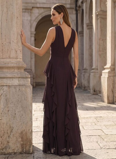 Sheath/Column Scoop Neck Floor-Length Chiffon Mother Of The Bride Dresses With Cascading Ruffles