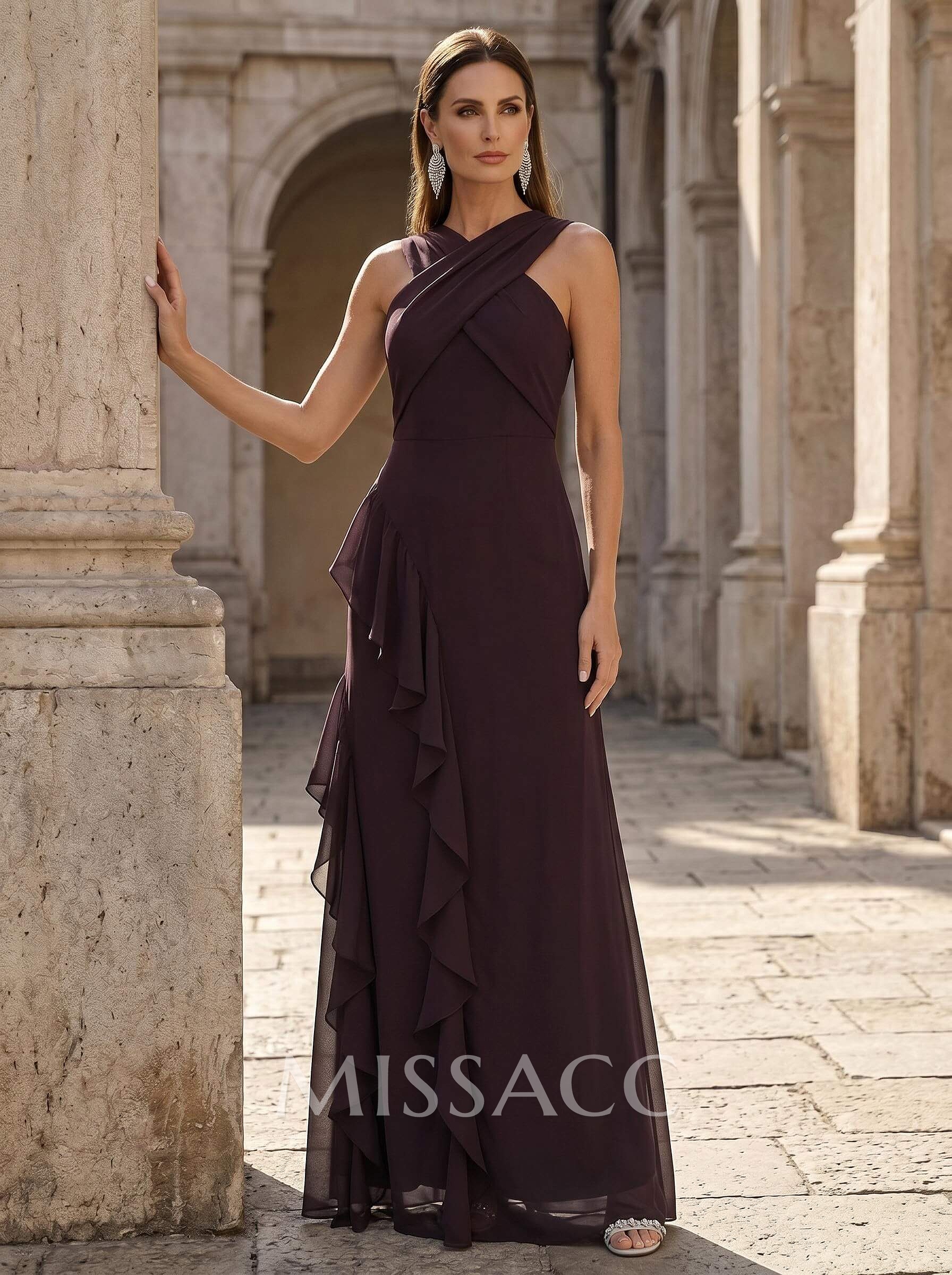 Sheath/Column Scoop Neck Floor-Length Chiffon Mother Of The Bride Dresses With Cascading Ruffles