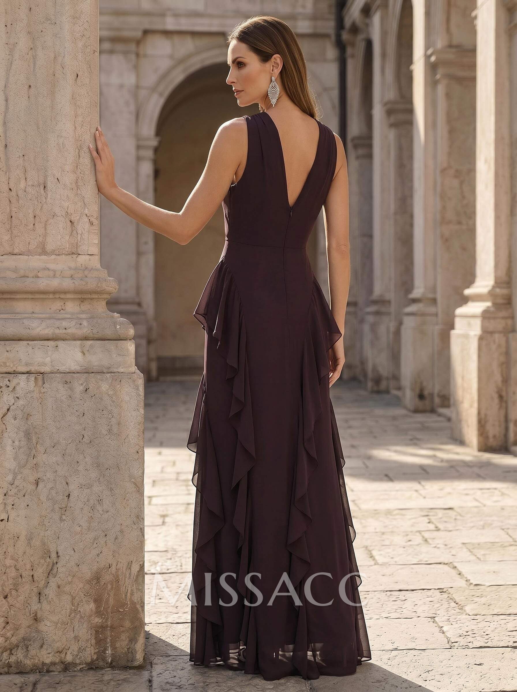 Sheath/Column Scoop Neck Floor-Length Chiffon Mother Of The Bride Dresses With Cascading Ruffles