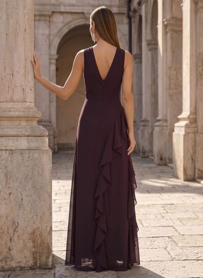 Sheath/Column Scoop Neck Floor-Length Chiffon Mother Of The Bride Dresses With Cascading Ruffles